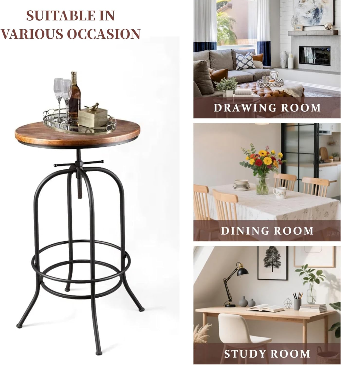 Industrial Bar Table Height Adjustable 37.4-45.3inch Vintage Swivel Pub Tables Solid Wood Top Metal Base with Footrest