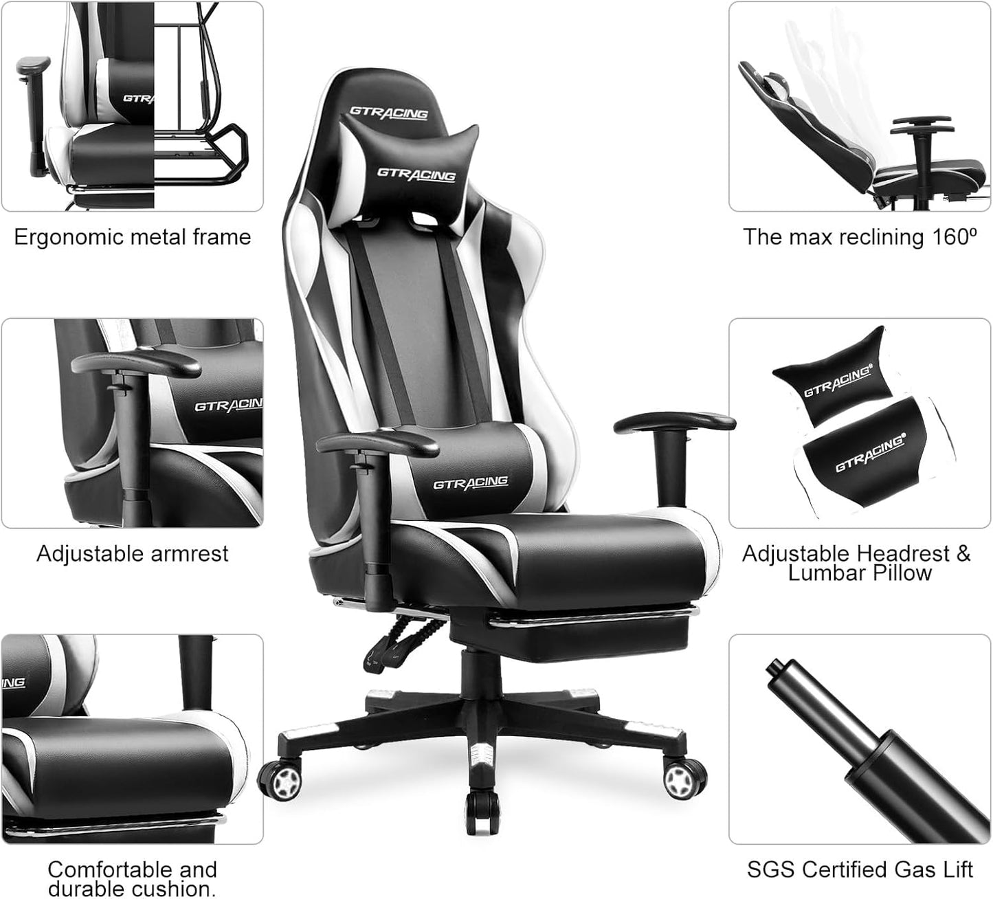 GTRACING Gaming Chair with Footrest, Ergonomic Computer Game Desk Chair, Reclining Gamer Chair Seat Height Adjustment, Swivel Rocker with Headrest and Lumbar (White)