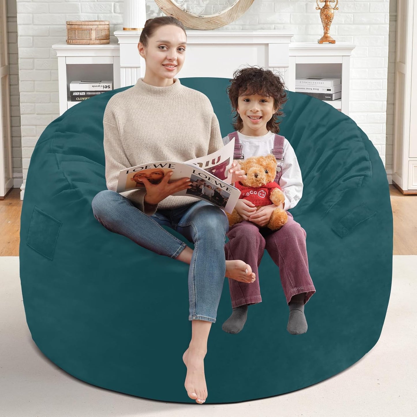 3FT Bean Bag Chair, Comfy Bean Bag Chairs with Memory Foam Filled, Fluffy Beanbag Sofa with Dutch Velvet Cover, Round BeanBag Chairs for Living Room, Playroom - Sea Blue