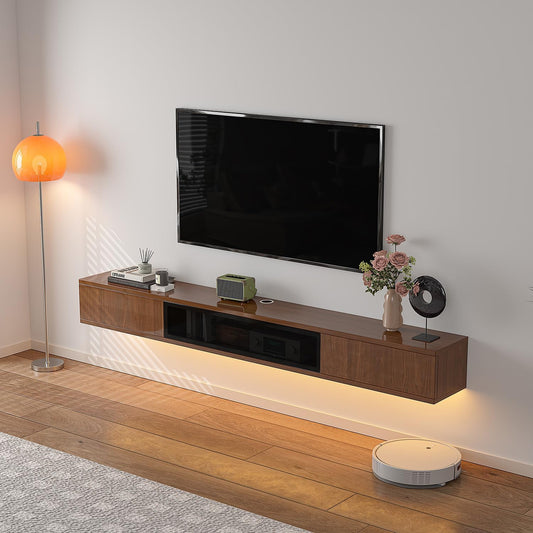 High Gloss Floating TV Stand,78'' Wall Mounted TV Console,Under TV Floating Shelf,Floating TV Cabinet with 3 Doors for Bedroom Living Room(Walnut)