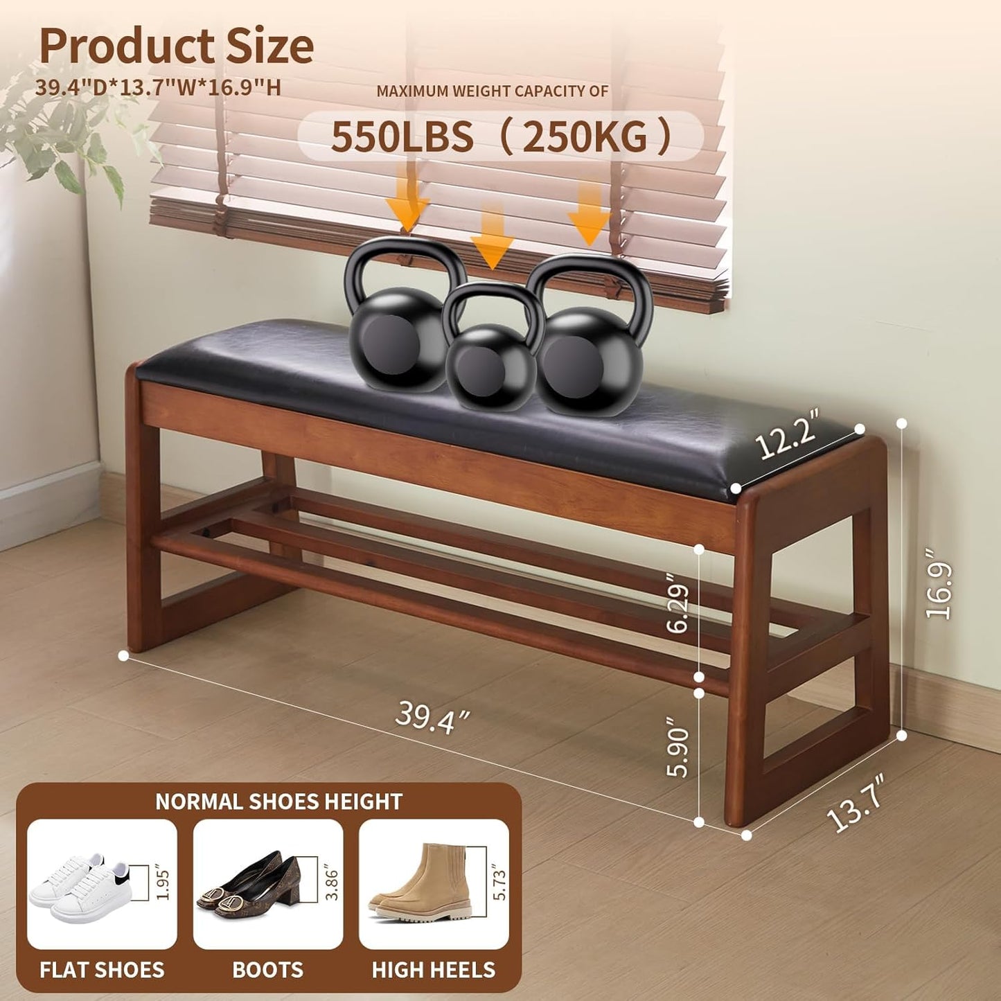 Shoe Rack Bench with Storage-Wood Shoe Bench for Entryway 40" 2 Tier Shoe Organizer with Cushion, PU Solid Wood LEDs Flip Top Entryway Shoe Organizer Space Saving Hallway