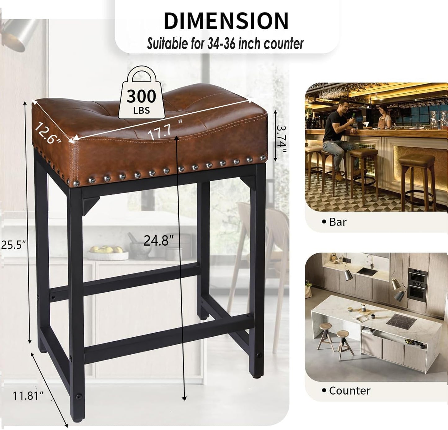 Bar Stools Set of 3, Counter Height Bar Stools for Kitchen Counter, 24 Inch Saddle Backless Barstools Kitchen Stool, Counter Height Stool for Dinning Room, Island-Brown