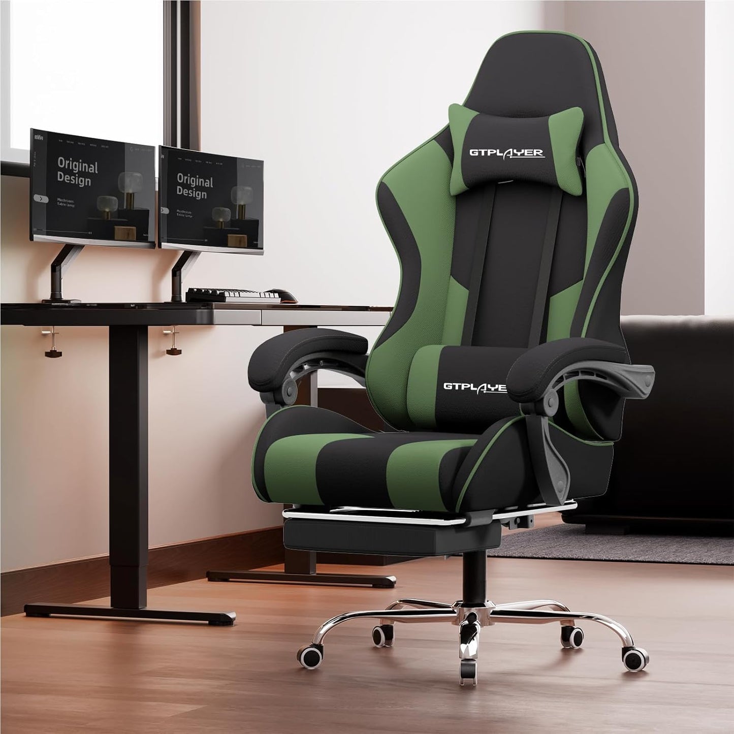 GTPLAYER Gaming Chair, Computer Chair with Footrest and Lumbar Support, Height Adjustable Game Chair with 360°-Swivel Seat and Headrest and for Office or Gaming (Green, Fabric)