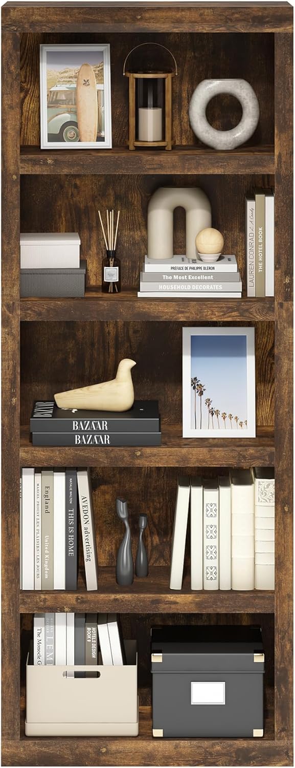 Furinno Rail 5-Tier Open Shelf Bookcase with Classic Style Edges, Amber Pine