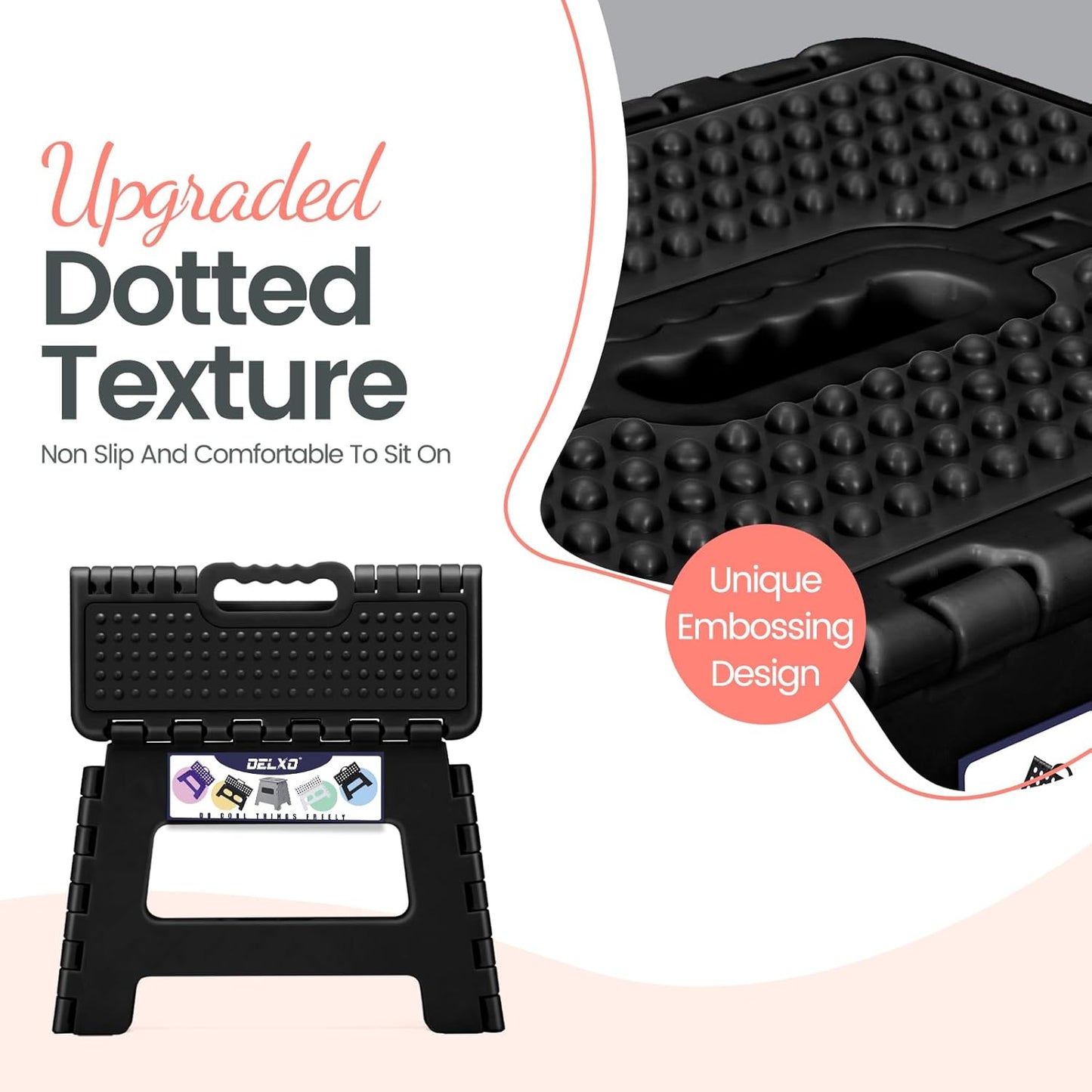 Delxo Folding Step Stool 9 Inch Non-Slip Foldable Stools Up to 300 LBS Kitchen Collapsible Fold Up Stepping Stool with Dotted 1 Pack Black