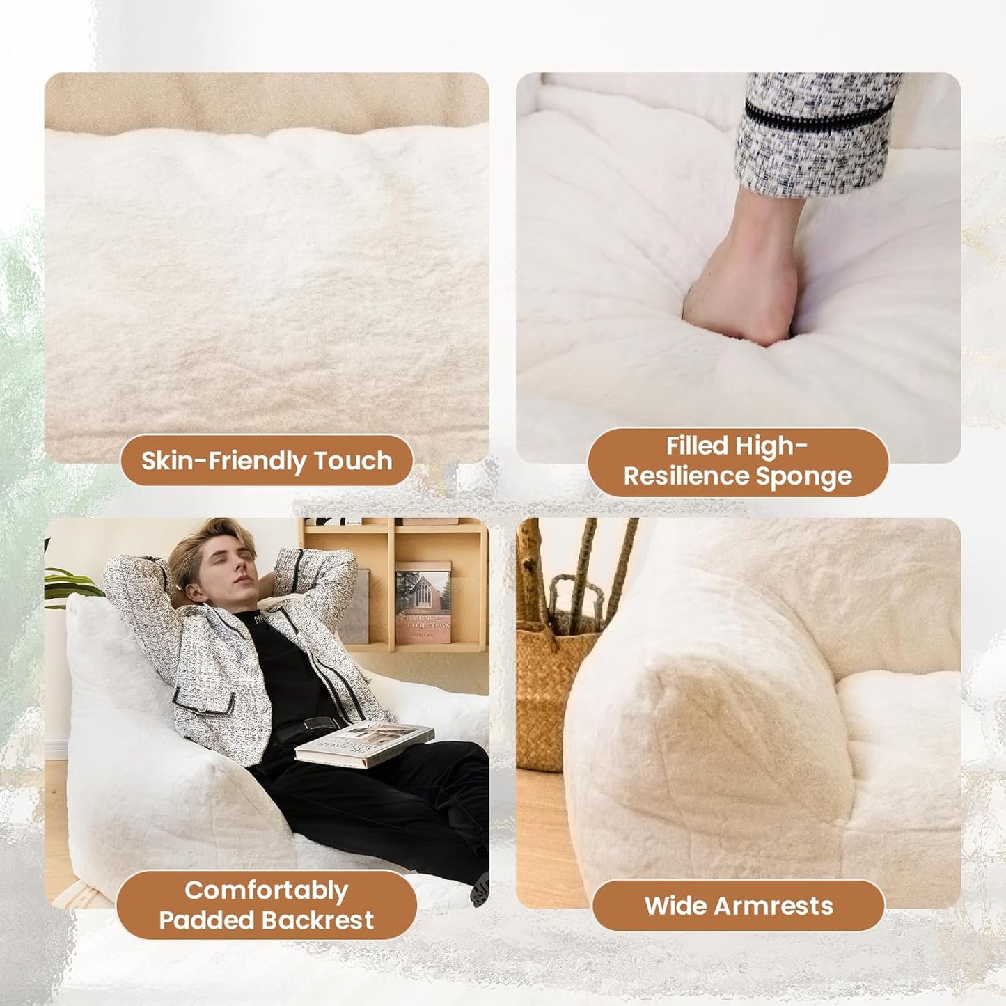 Bean Bag Chair with Ottoman, Armrest Bean Bag Chairs with Filler, Ultra Soft Fluffy Faux Fur Bean Bag Chair with Foot Rest, Plush Lazy Sofa with Foot Stool for Living Room, Dorm