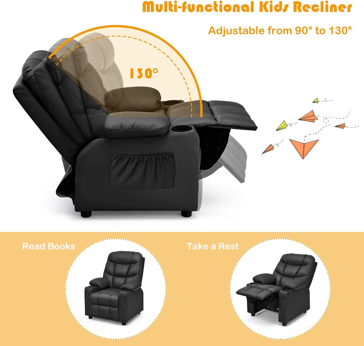 Costzon Kids Recliner Chair with Cup Holder, Adjustable Leather Lounge Chair w/Footrest & Side Pockets for Children Boys Girls Room, Ergonomic Toddler Furniture Sofa, Kids Recliner (Black)