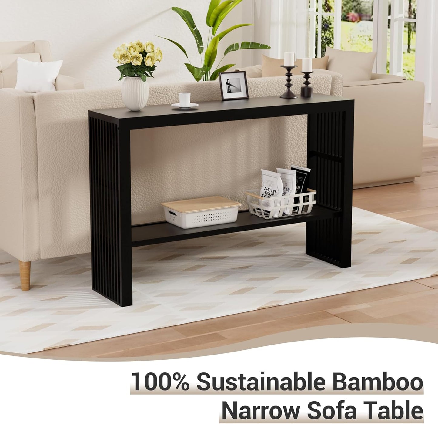 Bamboo Wood Console Table 47.2" Entryway Table, 2-Tier Farmhouse Narrow Sofa Table w/Storage Shelf, Couch Table Behind Sofa Easy Assembly for Entrance, Hallway, Living Room, Foyer(Black)
