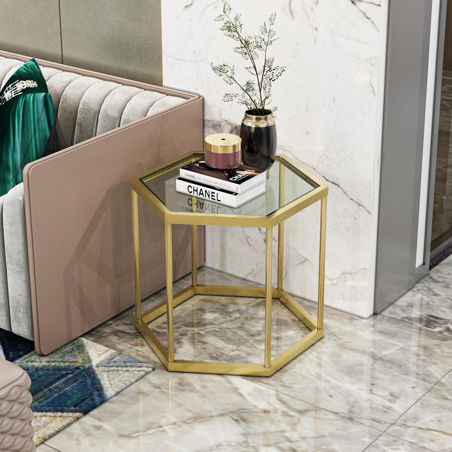 Gold Glass Coffee Table Modern Glass Center Table, Hexagon Free Combination Coffee Table Small End Tables for Living Room Set of 3