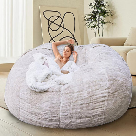 Bean Bag Chair for Adults Kids Without Filling Comfy Oversized Round Lazy Sofa Bean Bag Cover for Stuffed Animal Storage Bedroom Living Room Chairs, 6FT, White
