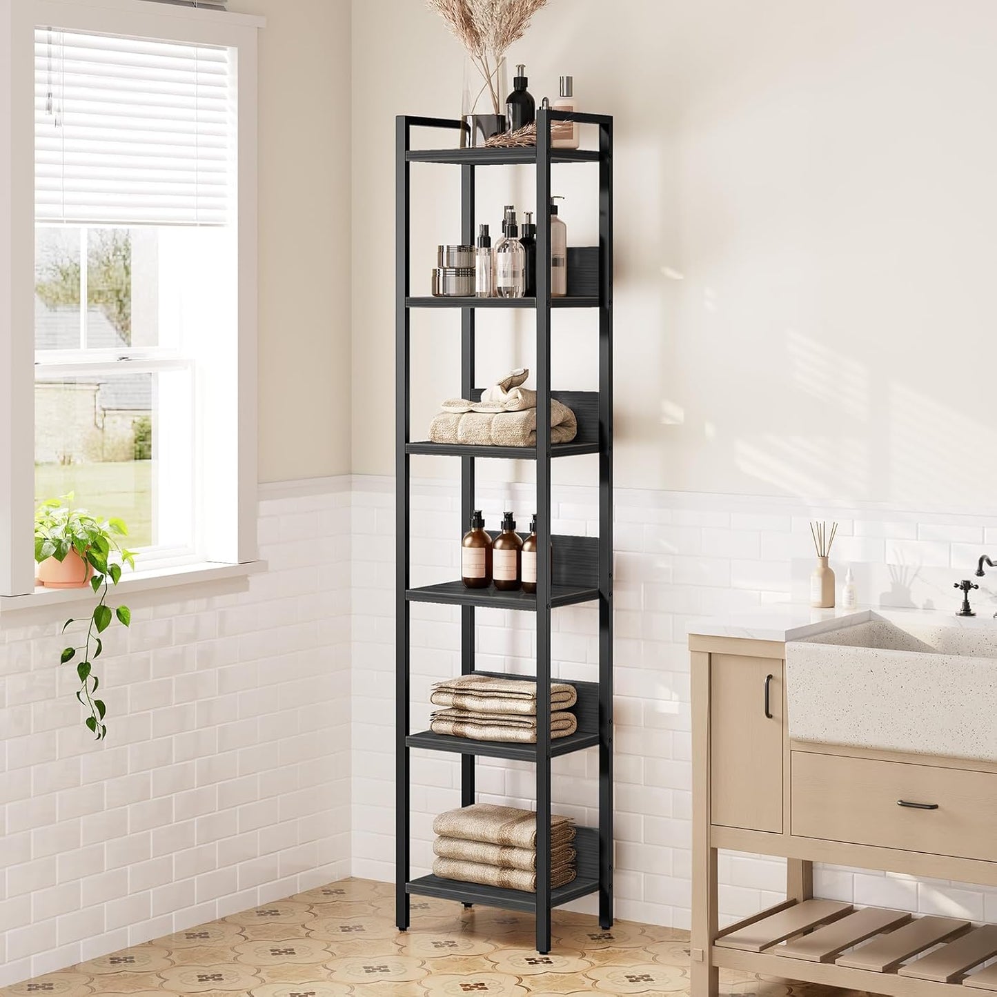 Bookshelf, 6-Tier Bookcase, Standing Book Shelf for Small Space, Storage Shelf Organizer, for Living Room, Bedroom, Study, Balcony, Black BKHB6601