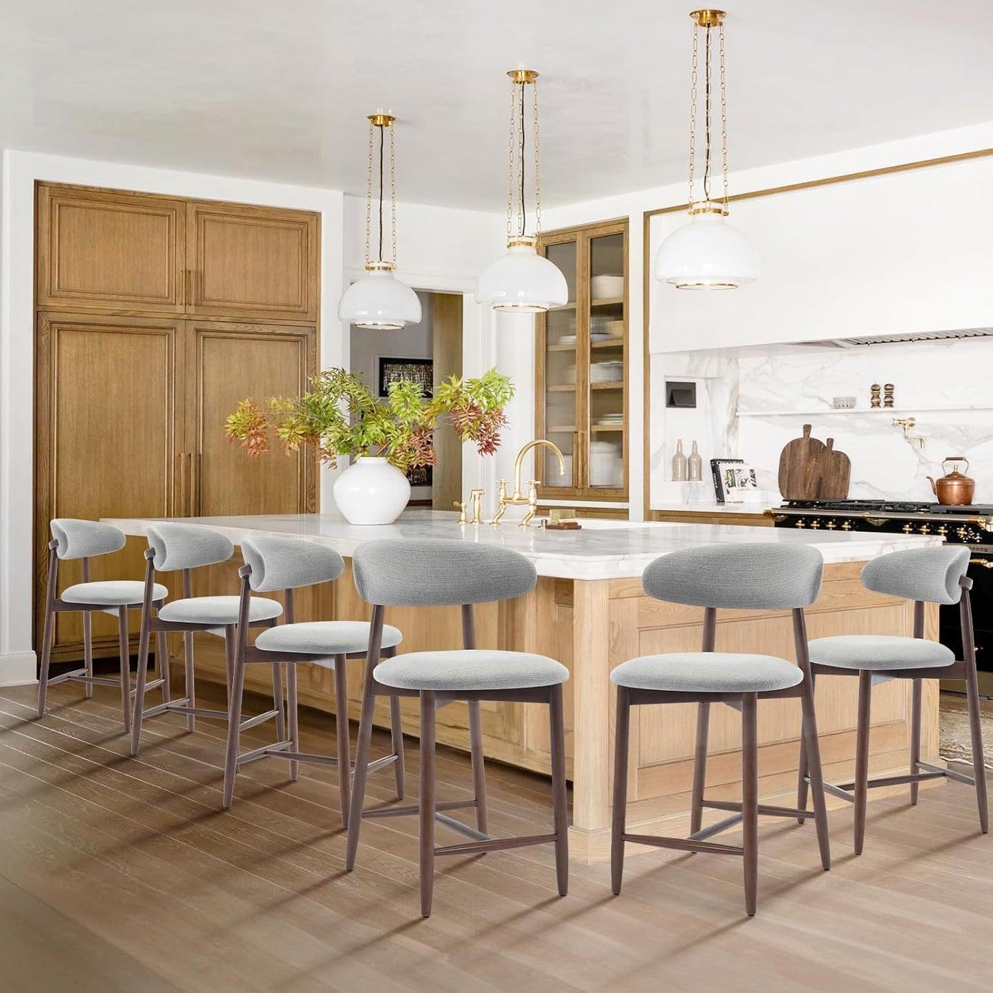 COLAMY Bar Stools Set of 6, Counter Height Bar Stools, Wood Bar Stools with Back, Upholstered Wooden Barstools for Island Dining Room Bar, Light Grey