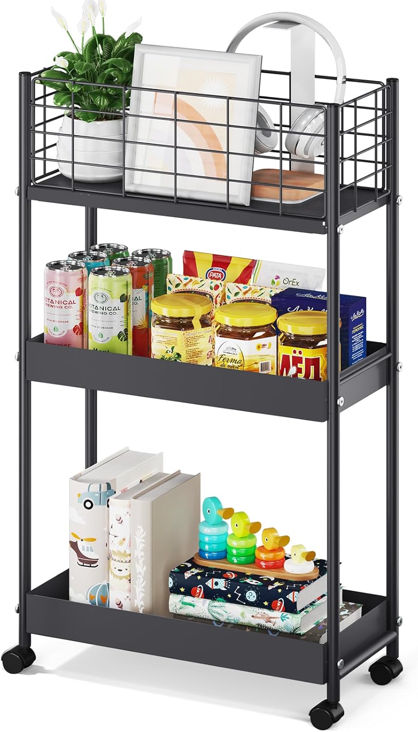 KINGRACK 3-Tier Metal Rolling Cart, Slim Storage Cart, Mobile Shelving Unit Trolley with Wheels, Bathroom Tier,Bathroom Organizer Utility for Laundry Room, Office, Narrow Place, Black