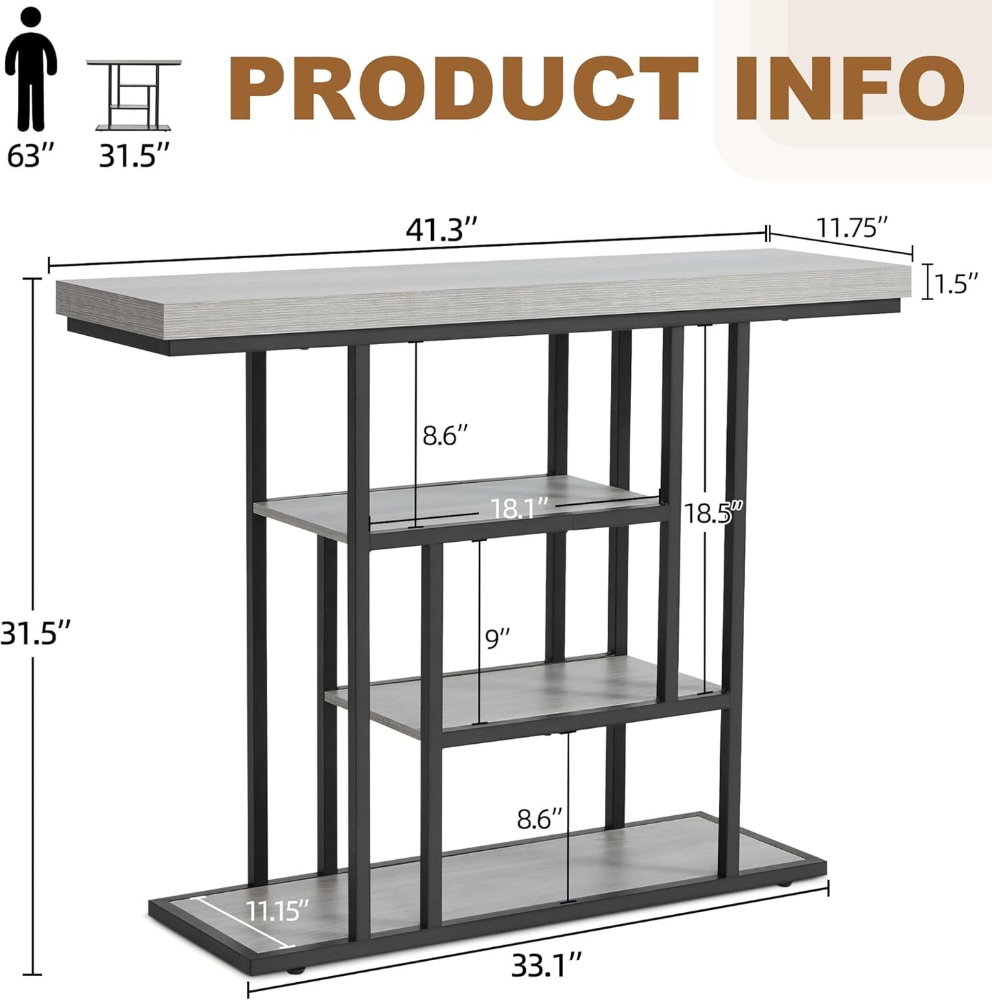 HABUTWAY 42" Industrial Console Table, Narrow 4-Tier Wood Entryway Table for Living Room, Accent Tables Living Room, Hallway Table, Sofa Table for Front Door, Hallway, Foyer, Rustic Grey