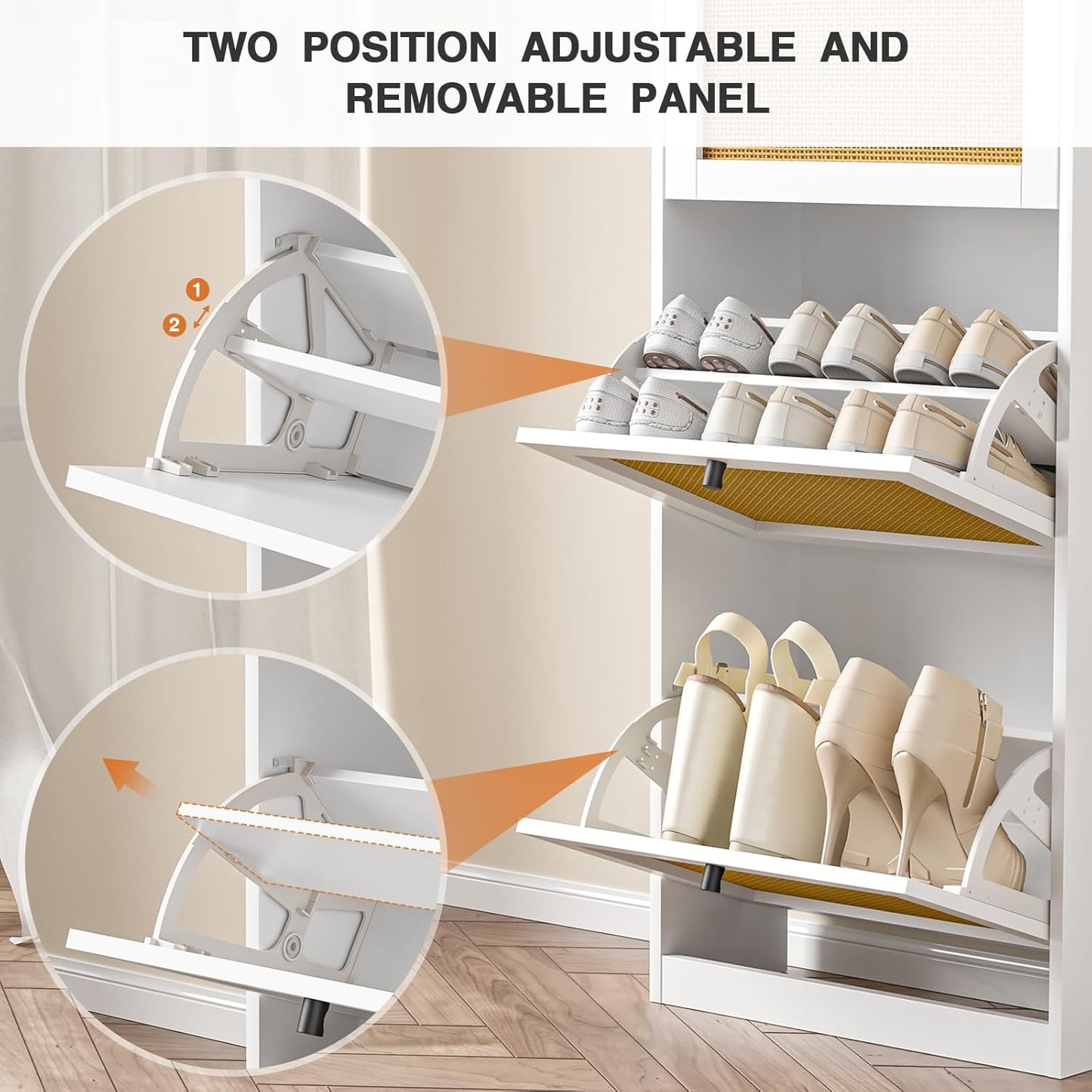 Rattan Shoe Cabinet with 3 Flip Drawers,Narrow Shoe Rack Cabinet with Adjustable Shelves,3 Tier Shoe Storage Organizer for Hallway,Entrance,White