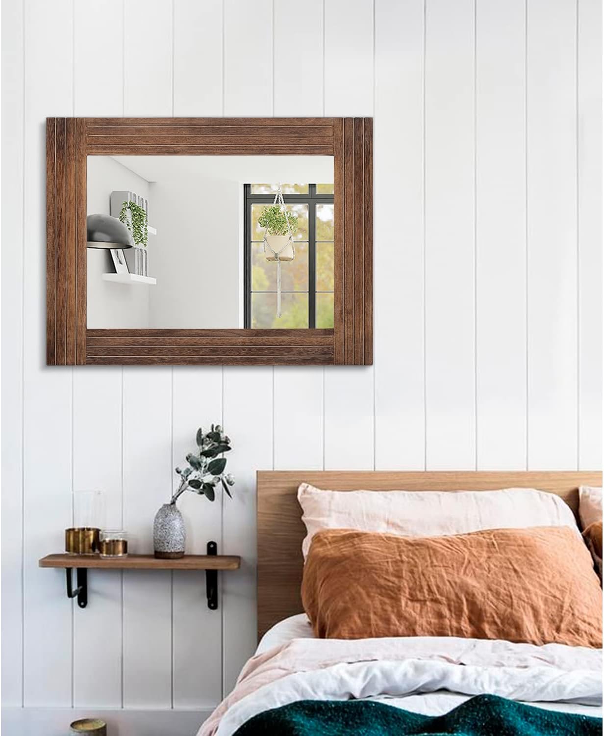 Rustic Mirror Wooden Rectangular Antique Wall Mirror Frame Decor Farmhouse Bedroom Dresser Bedroom Entryway Mirror Large Brown 26"x18"