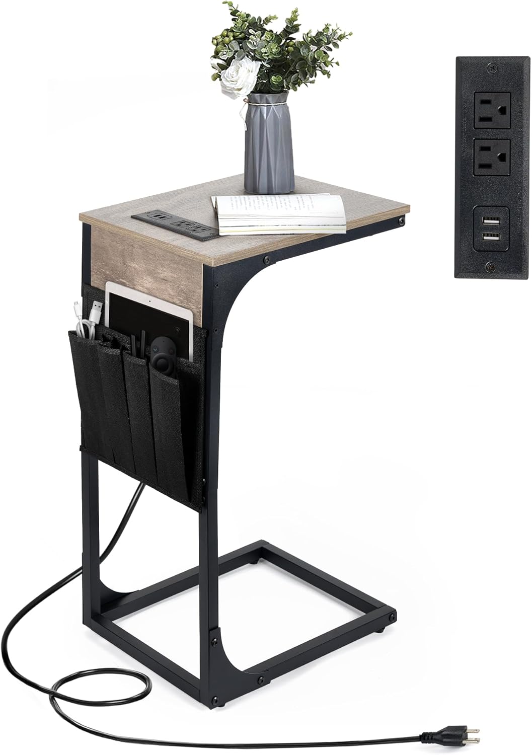 C Shaped End Table with Charging Station, Couch Side Table with Storage Pocket, Slide Under Couch Sofa Table Tray, Greige