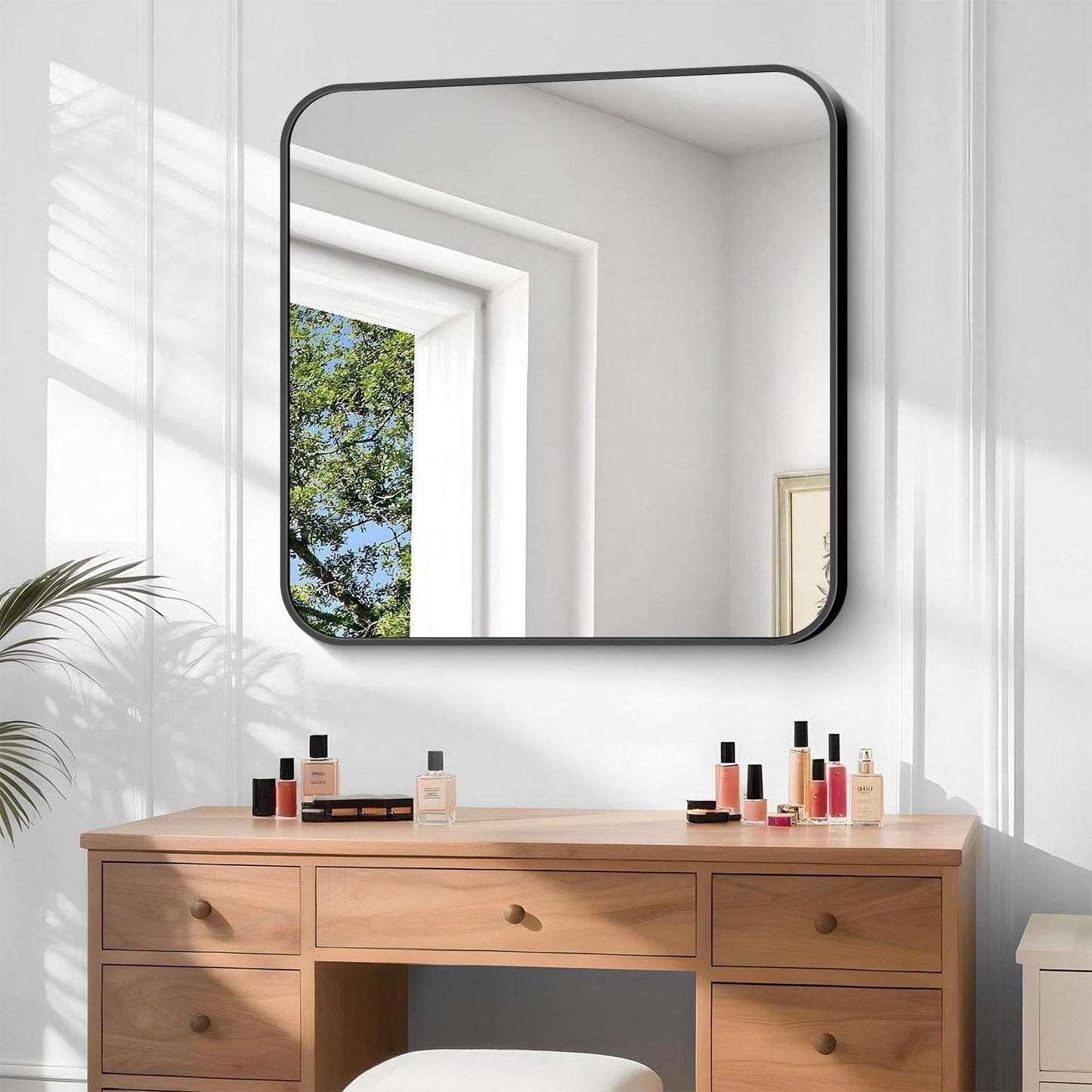 Bathroom Mirror, 40 x 36 inch Black Rectangle Wall Mirror, Metal Frame Rectangular Vanity Mirror, Rounded Corner Wall Mounted Mirror for Modern Bedroom Living Room Hangs Horizontal/Vertical