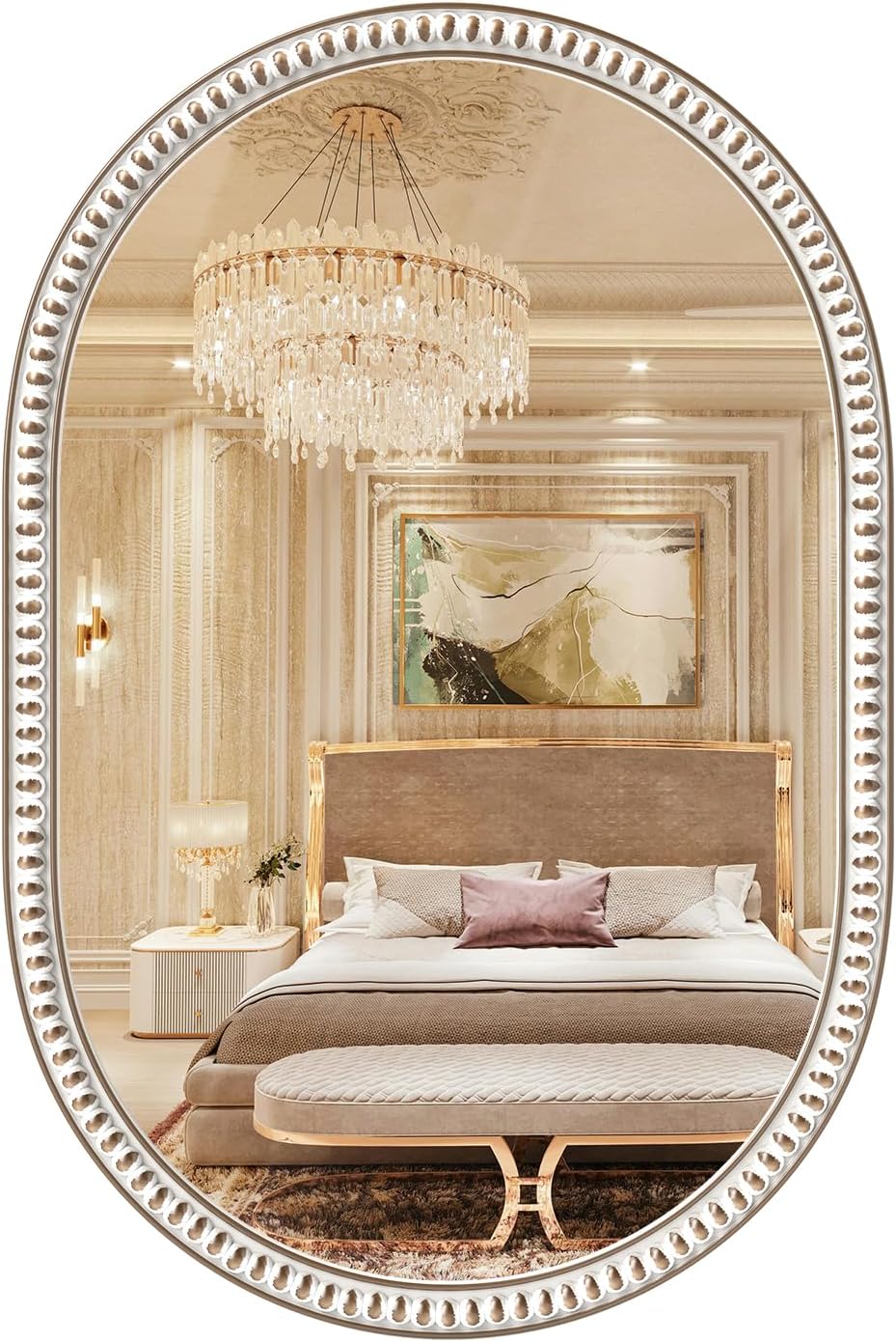 Wooden Oval Wall Mirror with Beads, 24x36 Inches Rustic Farmhouse Decorative Mirror for Entryway, Fireplace, Living Room, Hallway, Bathroom