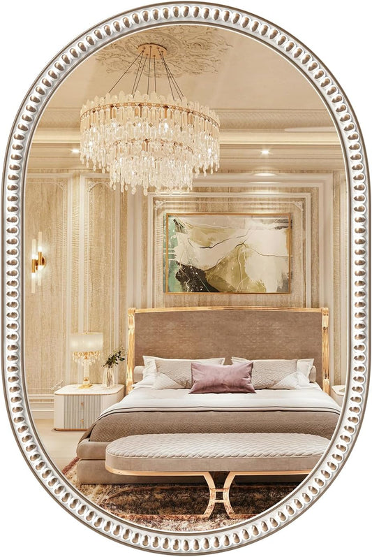 Wooden Oval Wall Mirror with Beads, 24x36 Inches Rustic Farmhouse Decorative Mirror for Entryway, Fireplace, Living Room, Hallway, Bathroom
