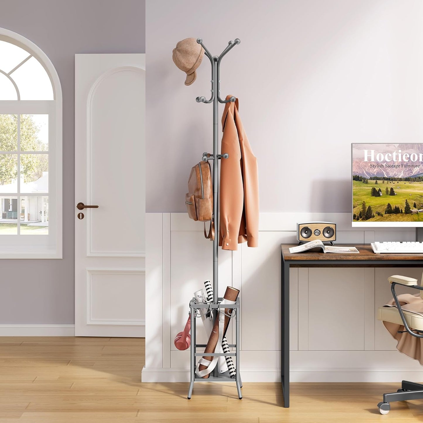 Hoctieon Coat Rack Freestanding With Umbrella Holder, Metal Coat Tree With 12 Hooks, Standing Hanger for Entryway, Hat Rack for Home Office, Gray