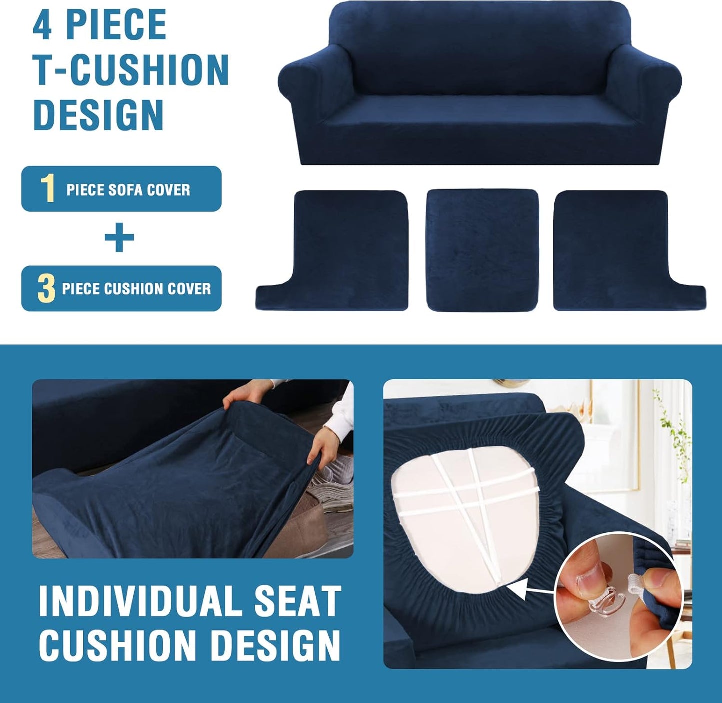 H.VERSAILTEX Sofa Slipcovers - Thick Velvet Couch Covers for 3 Cushion Couch with 3 Individual T Cushion Covers, Navy