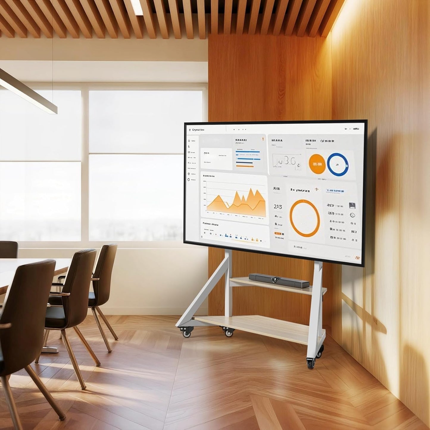 unho White TV Floor Stand with Wheels Shelves for 65 to 100 inch Large LCD/LED Flat Curved Screen up to 220lbs, Adjustable Heights TV Mount Stands VESA 800x600mm, Rolling TV Stand for Bedroom Office