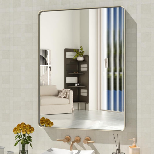 WEER 24X32 Inch Brushed Nickel Bathroom Mirror, Brushed Silver Metal Frame Mirror, Rounded Rectangle Silver Bathroom Vanity Mirror, Tempered Glass, Anti-Rust, Hangs Horizontally or Vertically