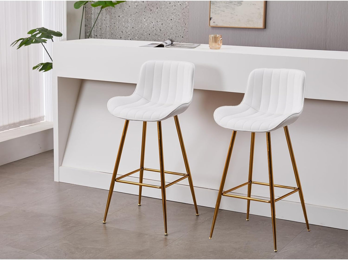 Sidanli Velvet Bar Stools with Gold Legs, Set of 2 Counter Height Stools for Kitchen Island, 29 Inch Modern Barstools with Swivel Leveling Feet, White