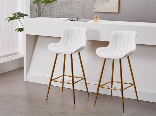 Sidanli Velvet Bar Stools with Gold Legs, Set of 2 Counter Height Stools for Kitchen Island, 29 Inch Modern Barstools with Swivel Leveling Feet, White