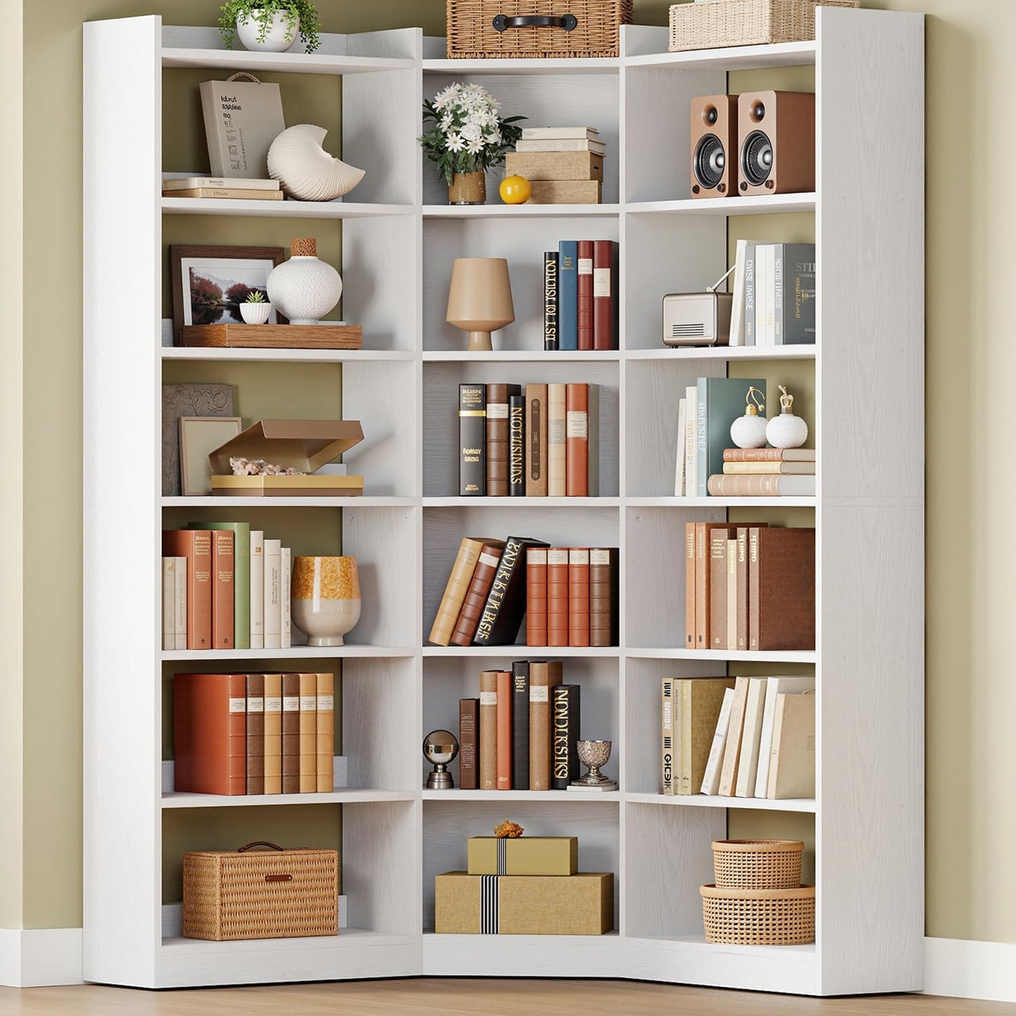 IRONCK Corner Bookshelf, 7-Tier Bookshelf with Storage, Corner Bookcases with Baffles Etagere Shelf for Living Room Home Office Bedroom, White