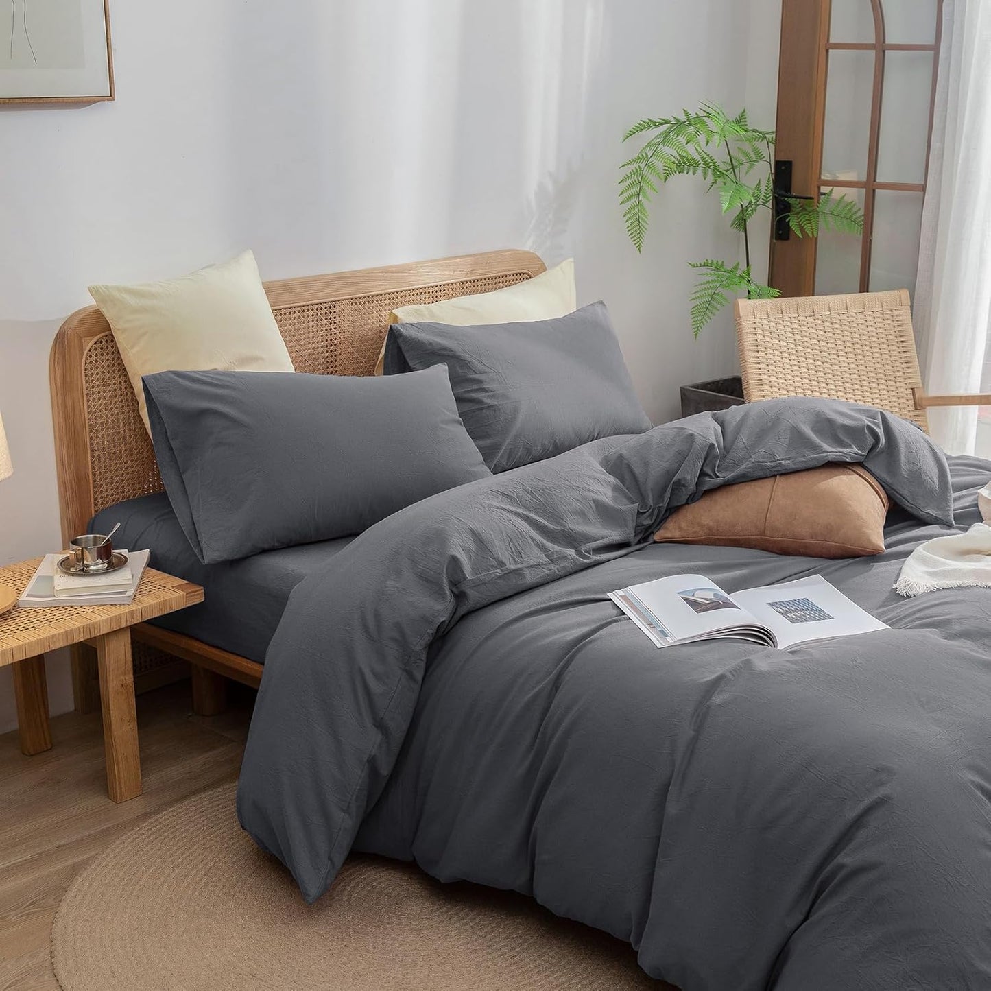 BESTOUCH Duvet Cover Set 100% Washed Cotton Linen Feel Super Soft Comfortable Chic Lightweight 3 PCs Home Bedding Set Solid Quiet Shade Grey Oversized King