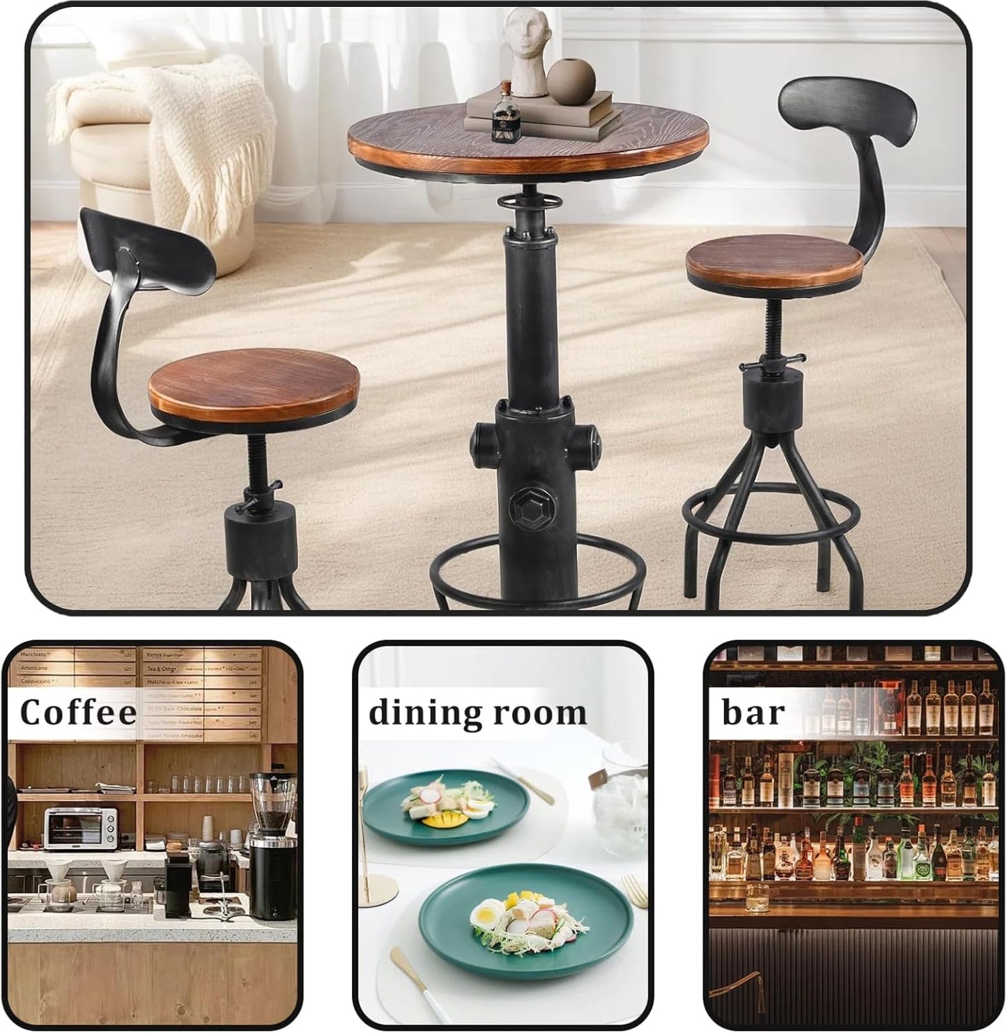 Industrial Bistro Bar Table 38.6-44.4inch Height Adjustable Farmhouse Pub Table for Kitchen Dinning Room Office Swivel Wooden Top