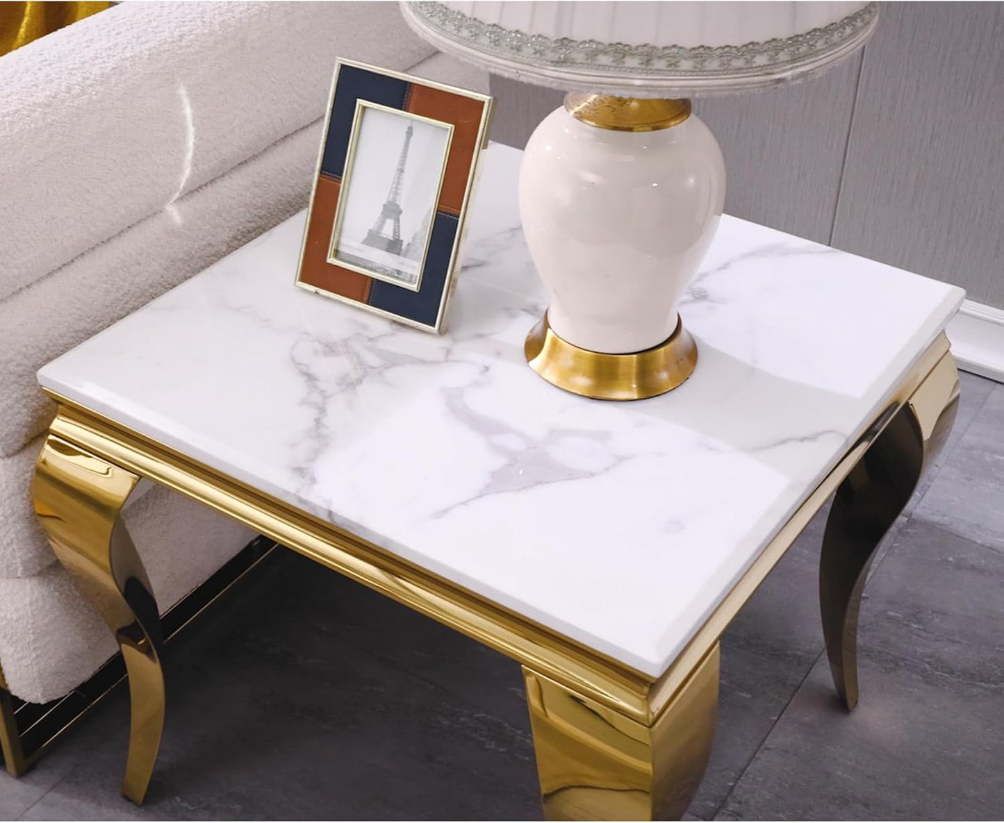 Gold End Table Set of 2, Modern White Living Room Side Table with Gold Metal Cabriole Legs, Square End Table for Sofa Couch, Living Room, Bedroom, Office