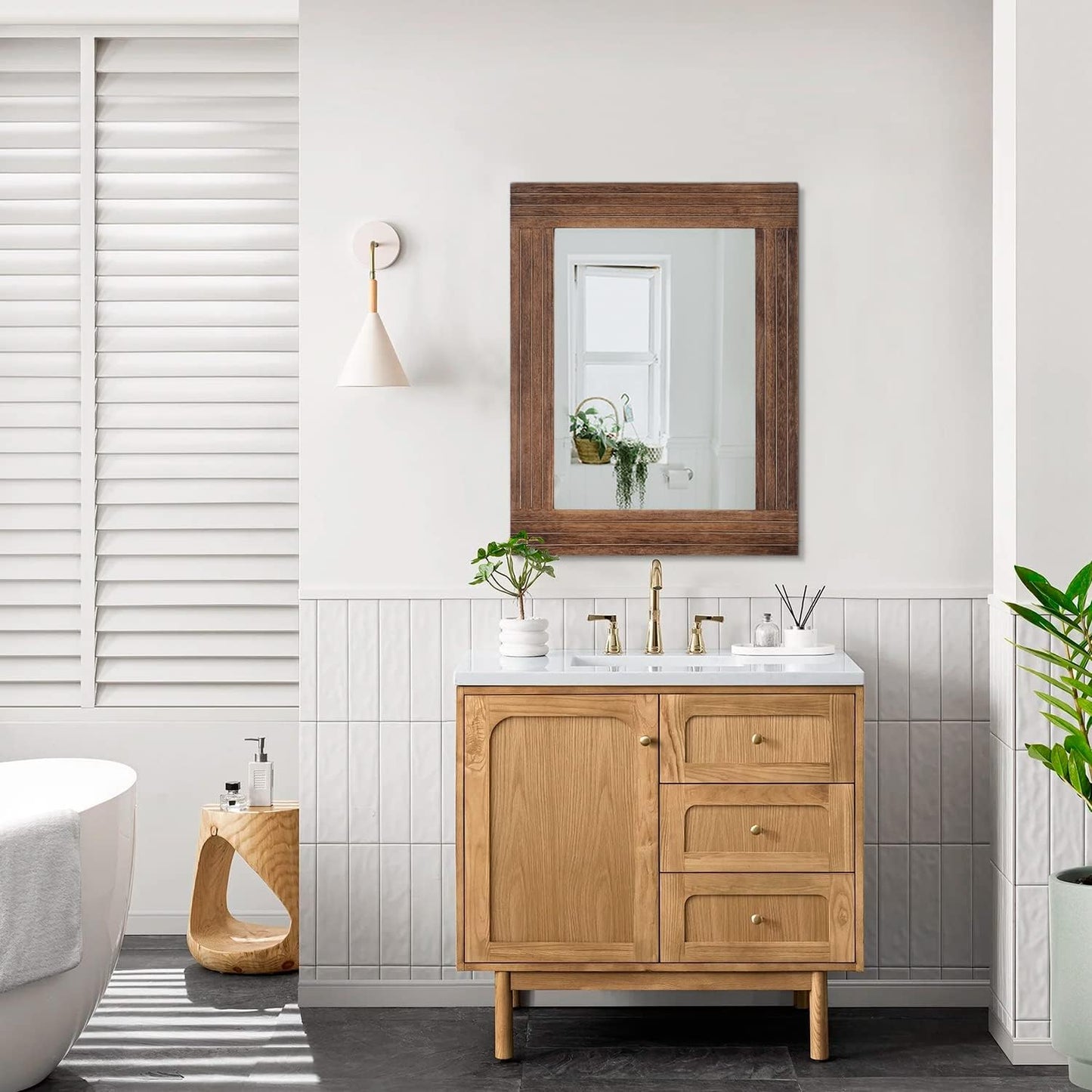 Wood Mirror Rectangular Framed Rustic Vintage Mirrors Decor Farmhouse Bedroom Bathroom Mirror for Dressing Table Entrance Large 20"x16" Brown