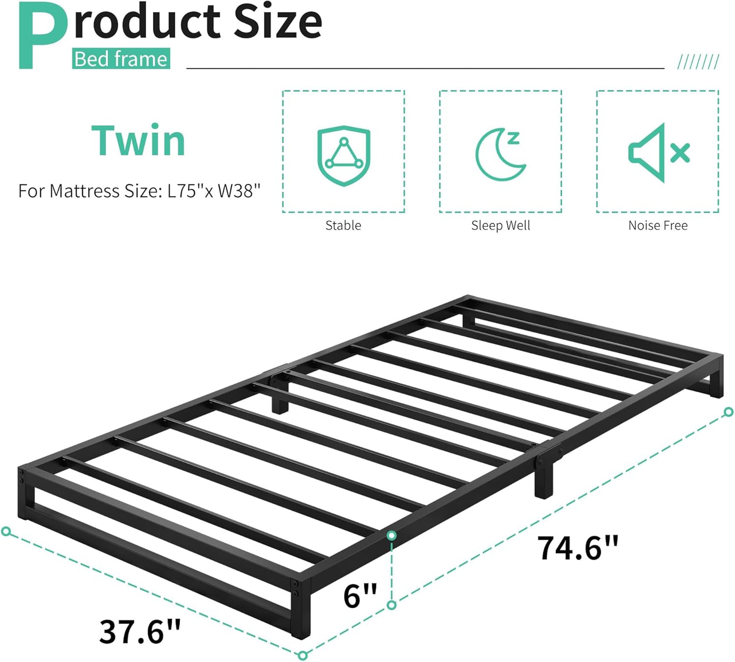 6 Inch Twin Size Bed Frames Heavy Duty Metal Twin Platform Bed Frame No Box Spring Needed, Noise Free, Easy Assembly, Black