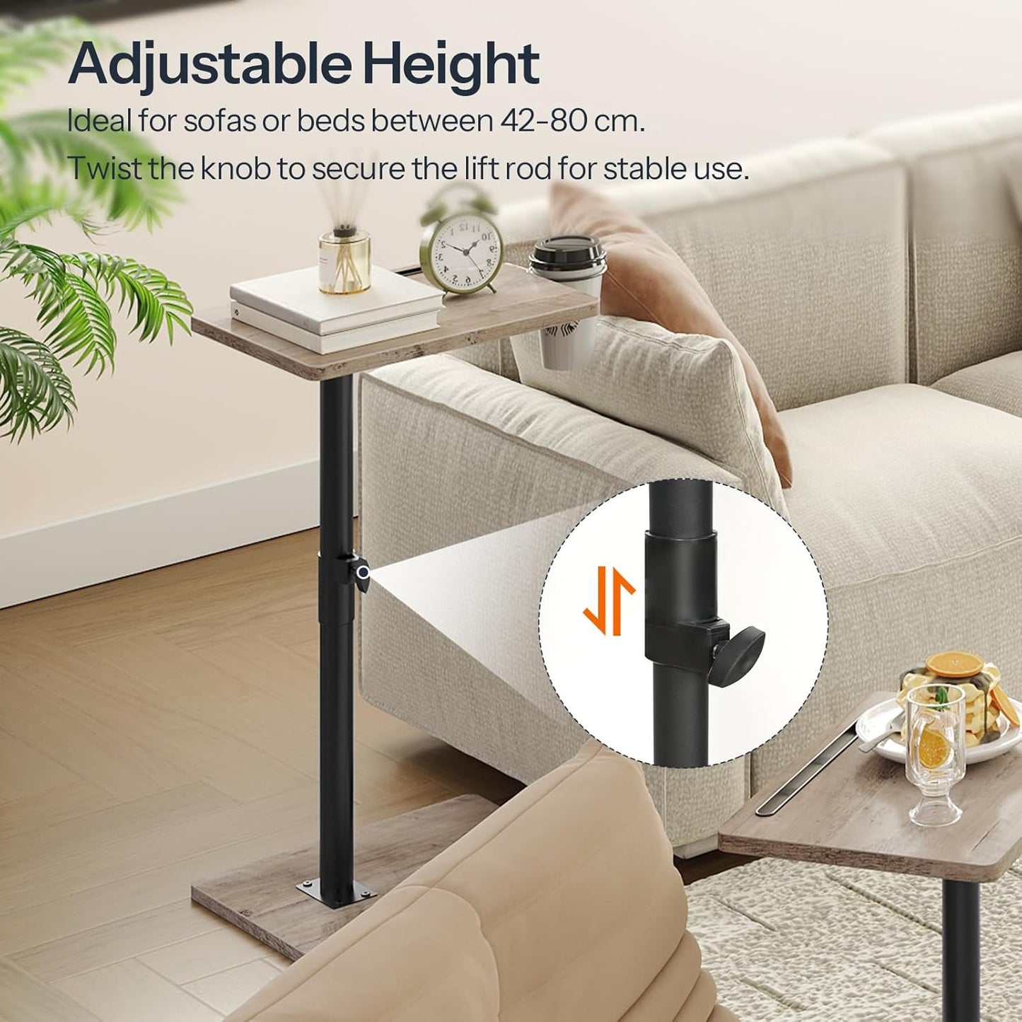 HOOBRO TV Tray Table, 360° Swivel Side Table Sofa Armrest Tray for Couch, Height Adjustable C Shaped End Table, Snack Desk with Cup Holder, for Small Spaces, Greige and Black BG234BZ01