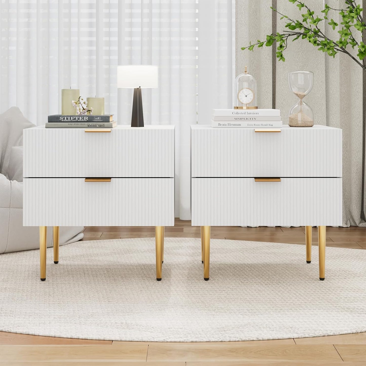 Set of 2 Nightstand, White Mid Century Modern Night Stand with Fluted Panel, Bedside Table with 2 Drawer, Large NightStand with Gold Leg for Bedroom