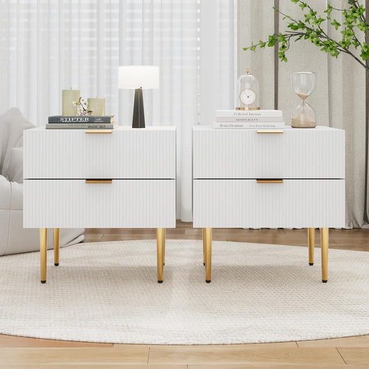 Set of 2 Nightstand, White Mid Century Modern Night Stand with Fluted Panel, Bedside Table with 2 Drawer, Large NightStand with Gold Leg for Bedroom