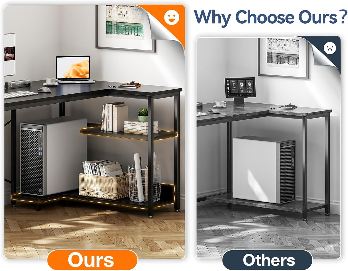 Casaottima L Shaped Computer Desk, 55 Inch Small Corner Desk with Storage Shelves & PC Stand, Reversible Gaming Desk for Bedroom, Modern Writing Study Table for Home Office, Black