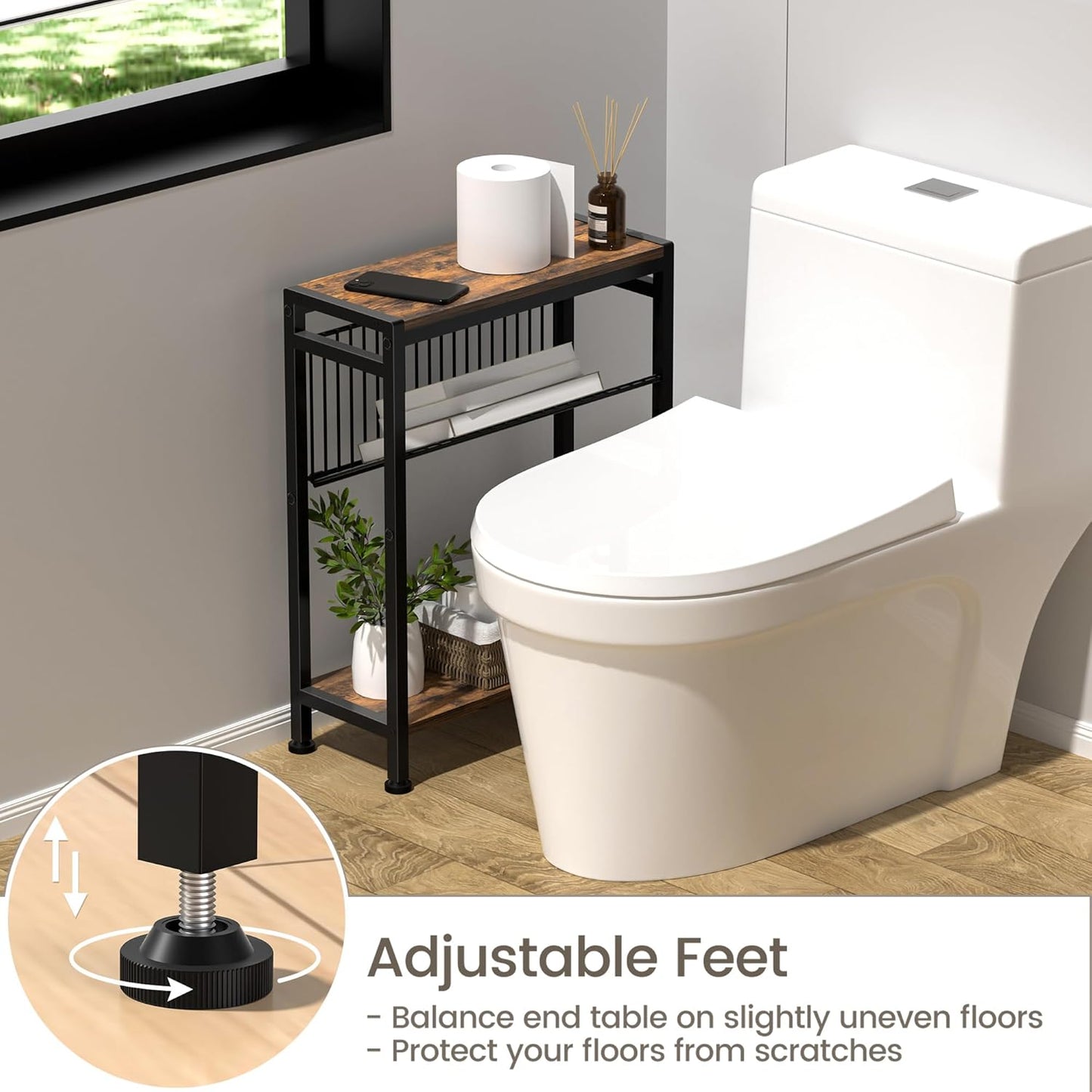 Small Side Table for Small Space, 3-Tier Narrow End Table with Magazine Holder,Slim Nightstand, Skinny Snack Couch Table in Living Room, Bedroom Study and Balcony (Rustic Brown &Black)