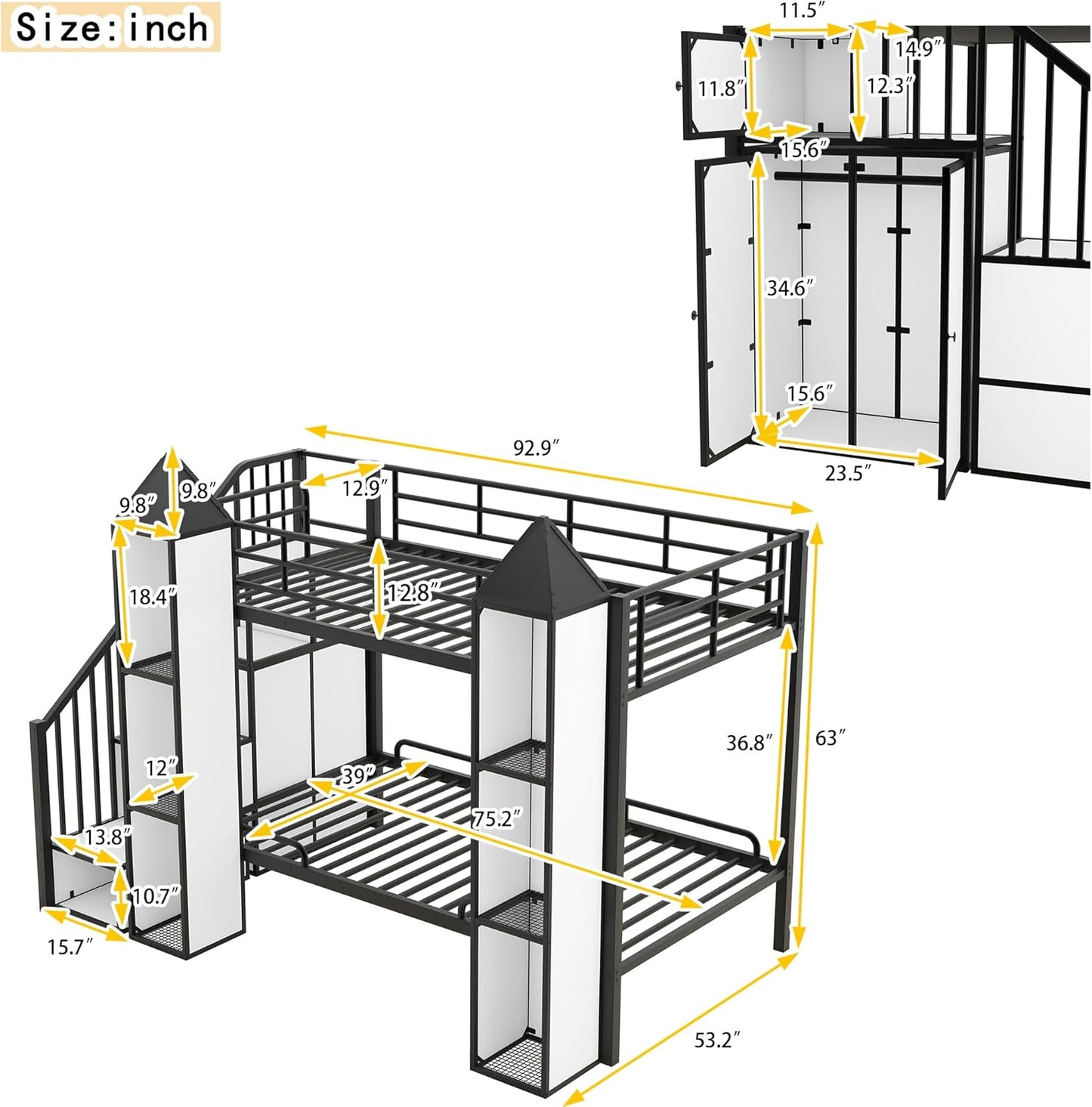 Twin Over Twin Castle-Shaped Bunk Bed with Wardrobe,Open Storage cabinets,a Storage Staircase and guardrails,Metal Stairway BunkBed for Kids Boys/Girls/Teens,Black+White