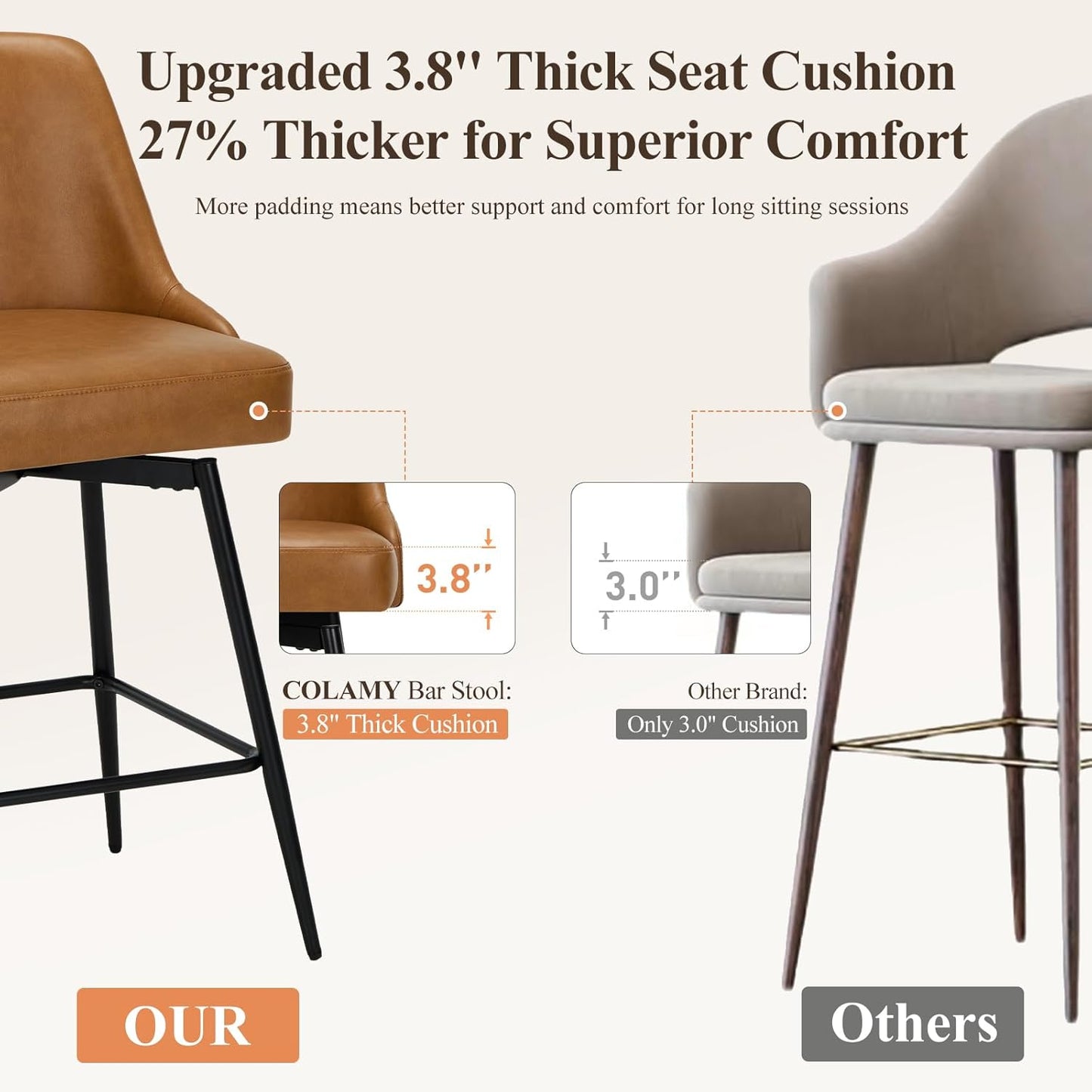 COLAMY Bar Stools Set of 2, 26.18" Counter Height Swivel Stools with Thick Padded Seat, Adjustable Footrest & 360° Rotation, Premium PU Leather Upholstery for Kitchen Island/Home Bar/Cafe, Brown