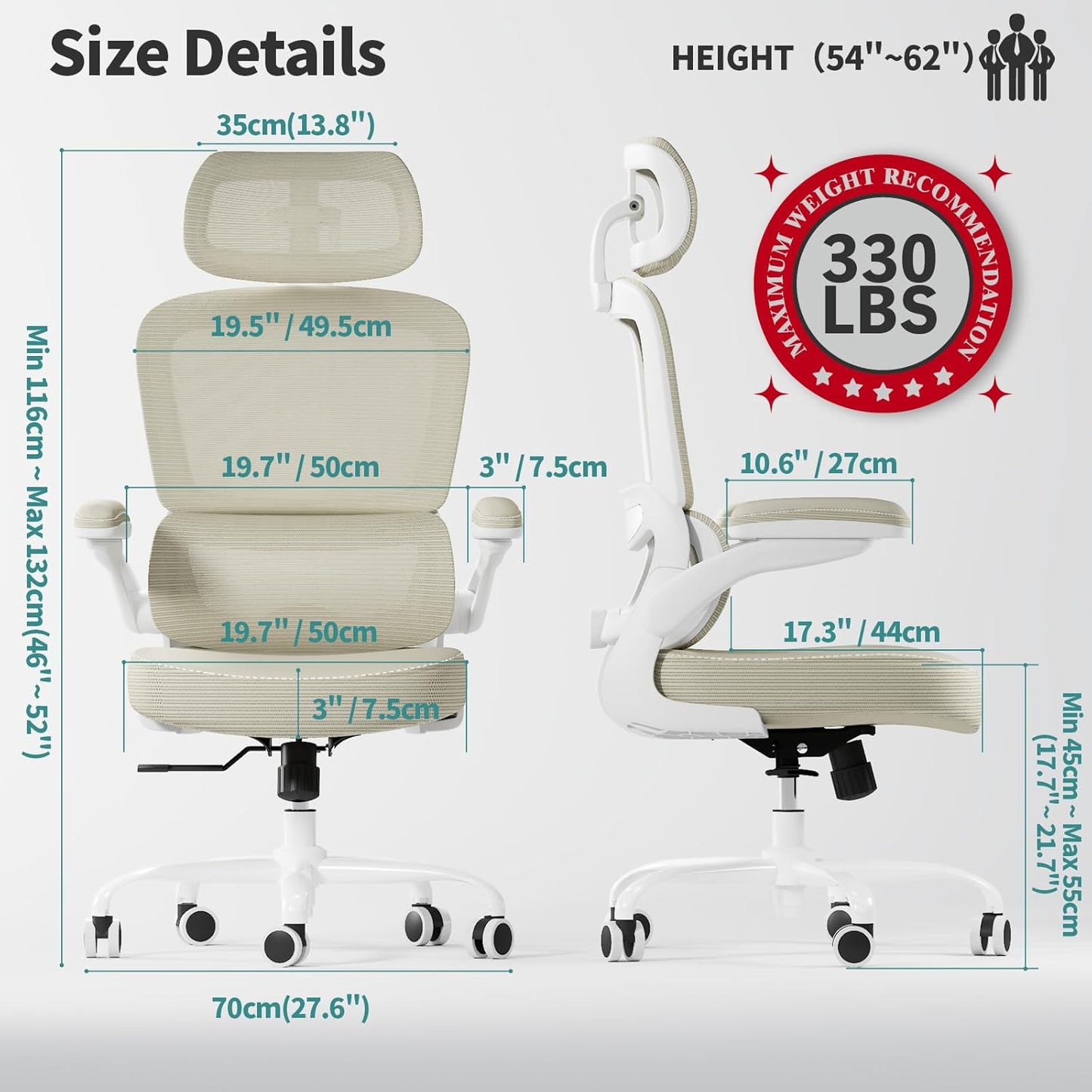 TRALT Ergonomic Office Chair - Desk Chair with Adjustable Headrest Lumbar Support Computer Chair - Mesh Comfy Chair with Flip-up Armrests - Gaming Chairs for Adults Home Office (Leather, Beige)