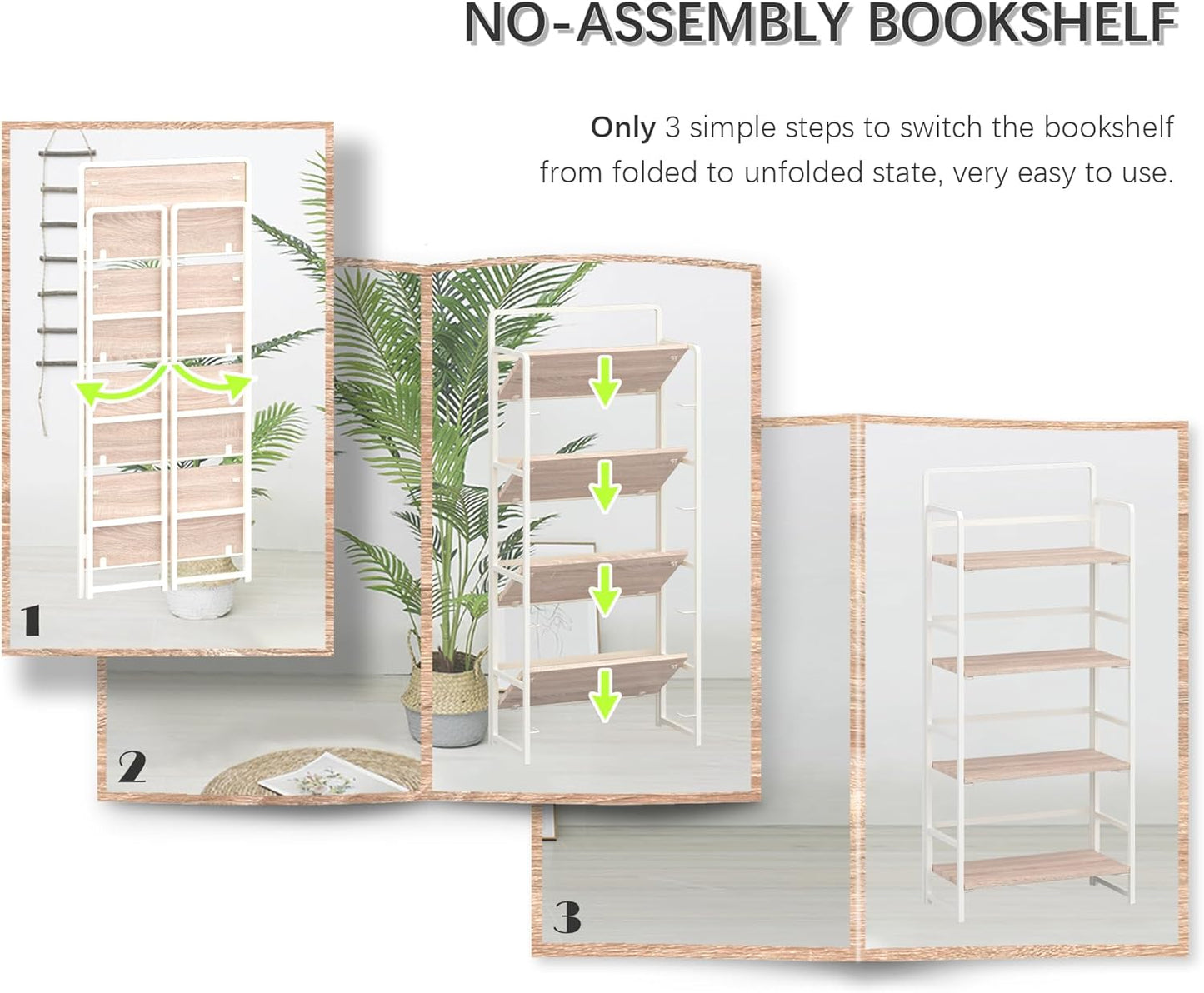 4NM No Assembly Folding Bookshelf, 4-Shelf 54" H Collapsible Foldable Bookcase Storage for Small Spaces, Natural White