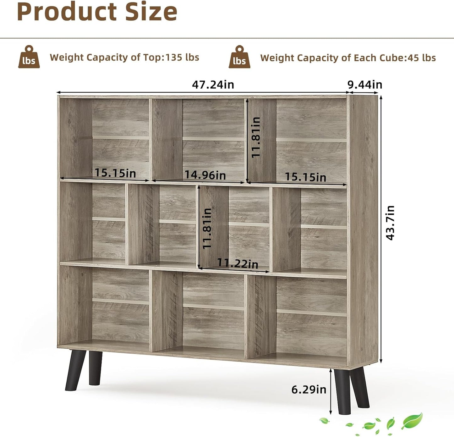 LEYAOYAO 10 Cube Bookshelf,3 Tier Modern Wide Bookcase with Legs,Mid-Century Wood Bookshelves Storage，Retro Grey Large Book Case,Freestanding Organizer Display Shelf for Bedroom,Living Room,Office