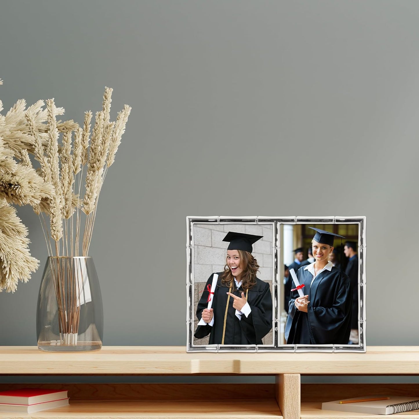 Lawrence Frames 4x6 Double Silver Metal Picture Frame with Bamboo Design