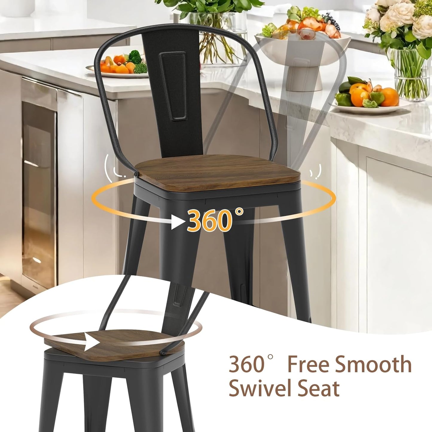 24” Swivel Bar Stools Set of 4, Counter Height Bar Stools Wooden Seat, Metal Industrial Bar Chairs with High Back for Kitchen Island (Black)