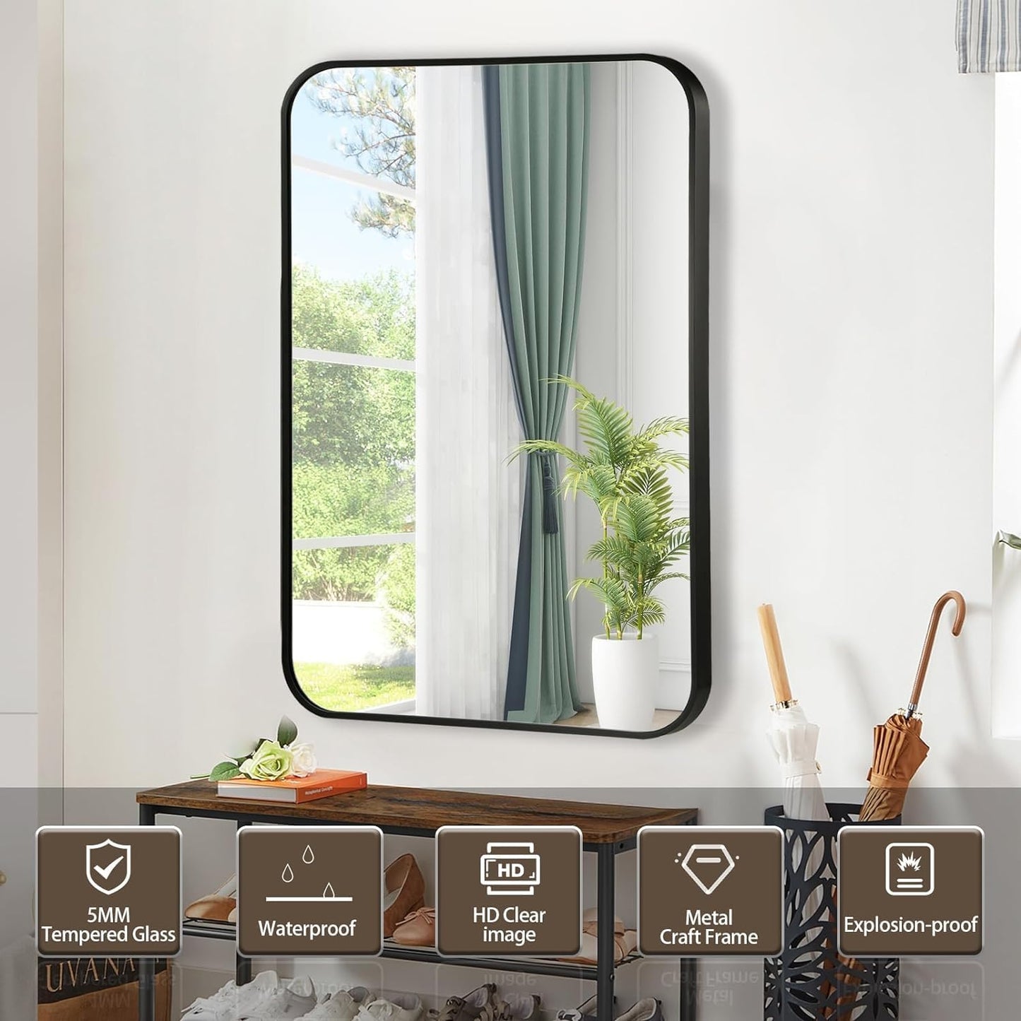 Black Bathroom Mirror, 20x30 Inch Matte Black Mirror, Aluminum Alloy Framed Vanity Mirror, Rounded Rectangle Bathroom Mirror for Over Sink, Anti-Rust Wall Mirror (Horizontally or Vertically)