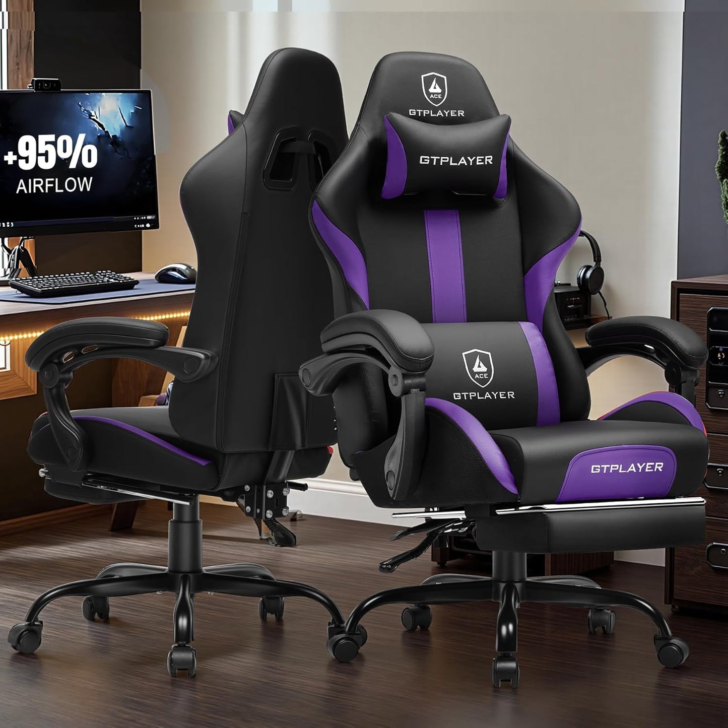 GTRACING Gaming Chair with Foot Rest & Pocket Spring Cushion, Ergonomic High Back Computer Chair with Headrest & 360°-Swivel Seat for Home Office Desk, PU Leather, Purple
